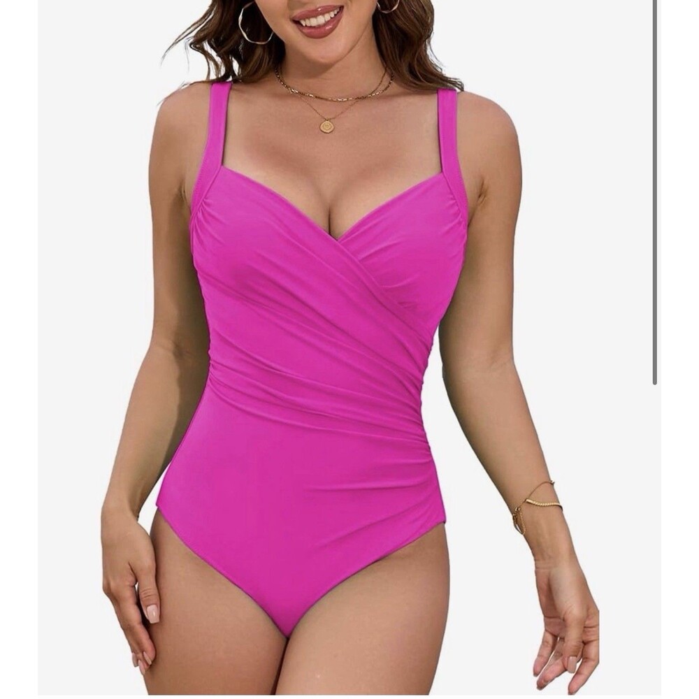 Women's One Piece Swimsuit Sexy Push Up Underwire  Ruched High Waist hot pink L